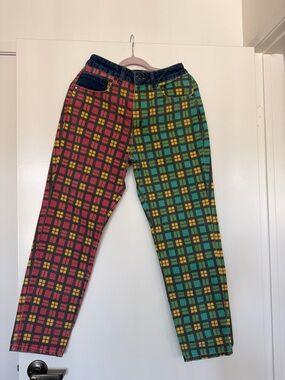 High-Rise Plaid Two-Tone Jeans - Red & Green